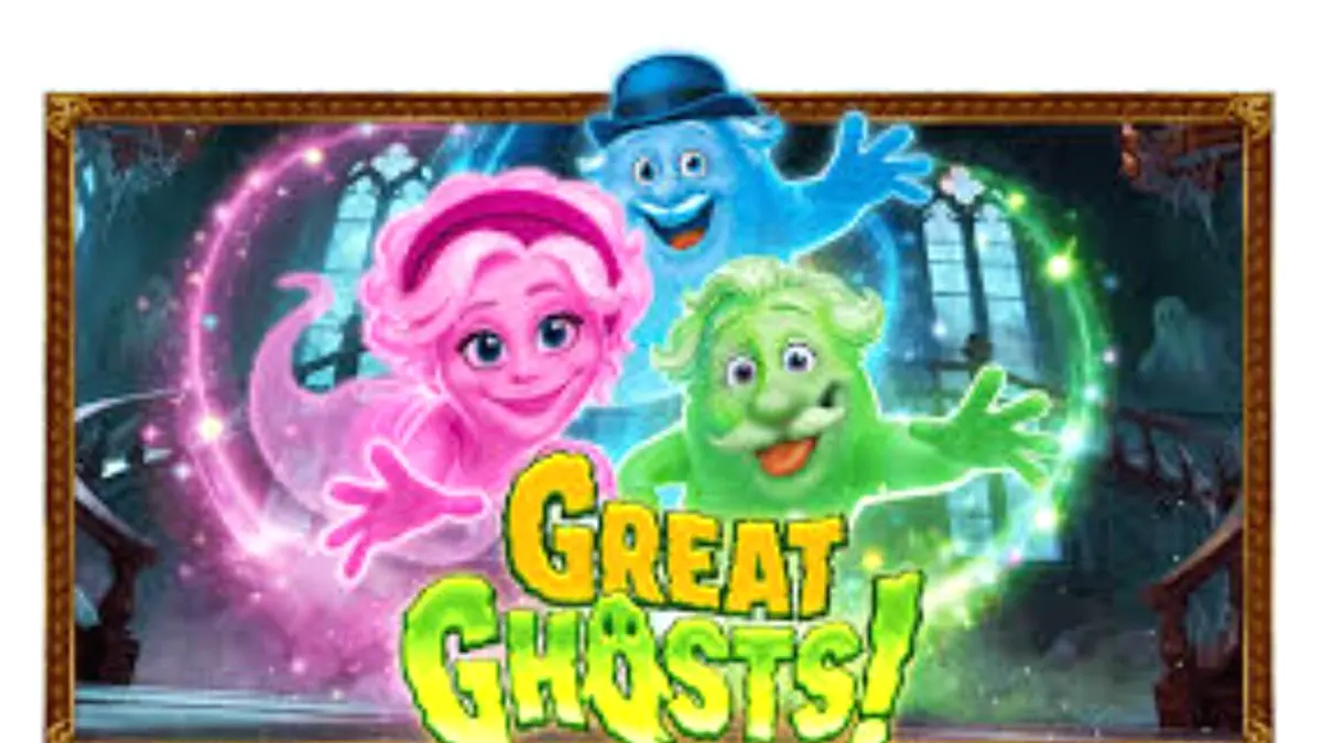 Tampilan visual slot Great Ghosts dengan tema rumah hantu kartun