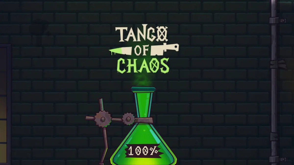 Tampilan visual slot Tango of Chaos dengan elemen laboratorium dan pesta