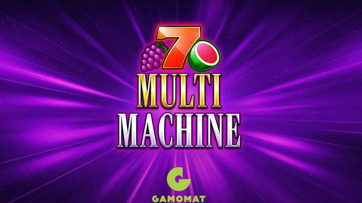 Tampilan visual mesin slot Multi Machine dengan simbol buah-buahan klasik dan aksen ungu.