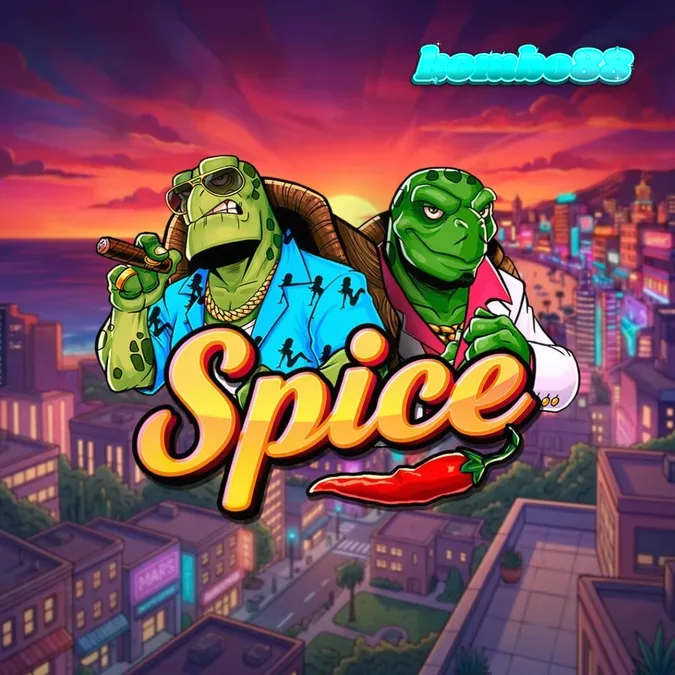 Tampilan visual permainan slot Spice dengan latar belakang kota malam dan karakter kura-kura