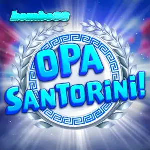 Tampilan visual slot Opa Santorini dengan latar belakang pemandangan khas Yunani